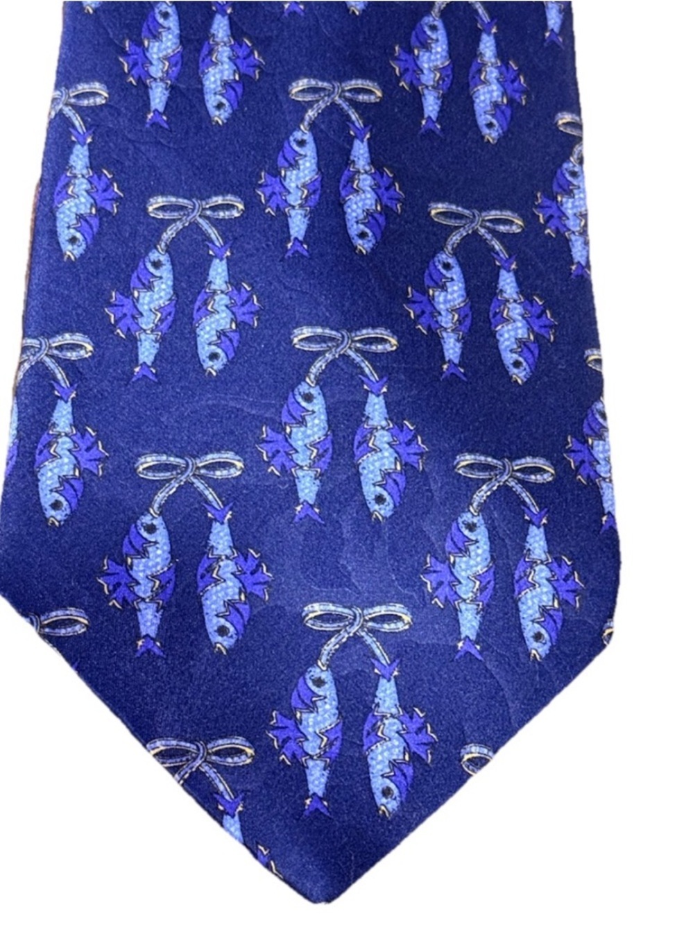 Lanvin Paris Vintage Silk Tie Navy Novelty Fish Print Made in France 80s - Picture 4 of 6